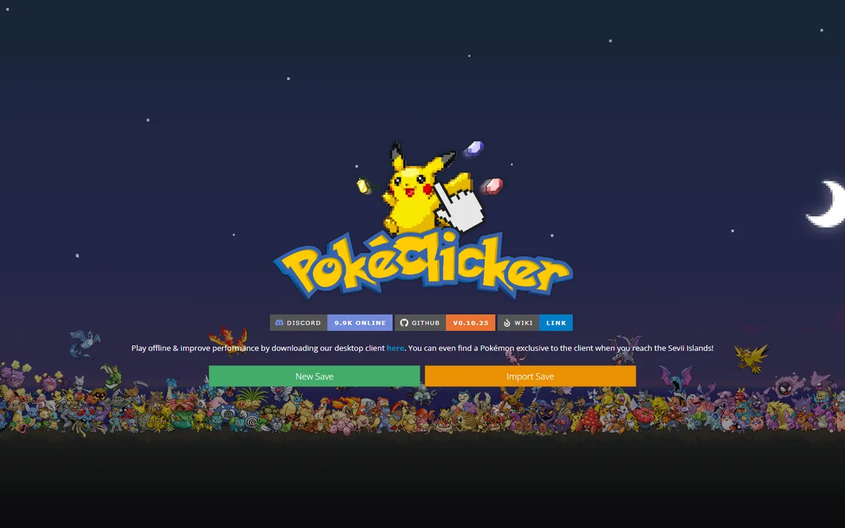 PokéClicker official start screen with new save and import save buttons