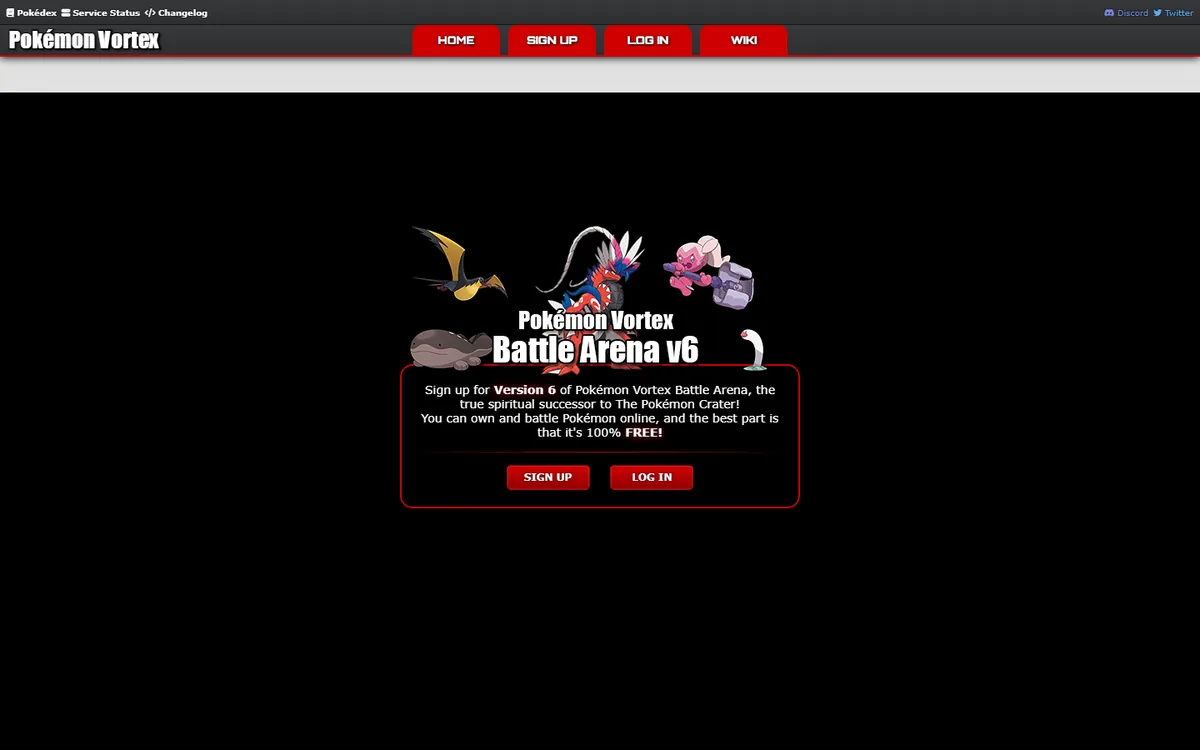 Pokémon Vortex official homepage with sign-up and login options
