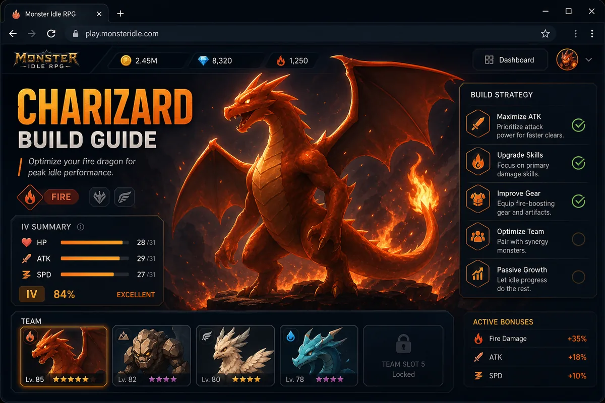 Pokechill Charizard build guide showing a fire attacker dashboard with IV bars, team slots, and upgrade priorities
