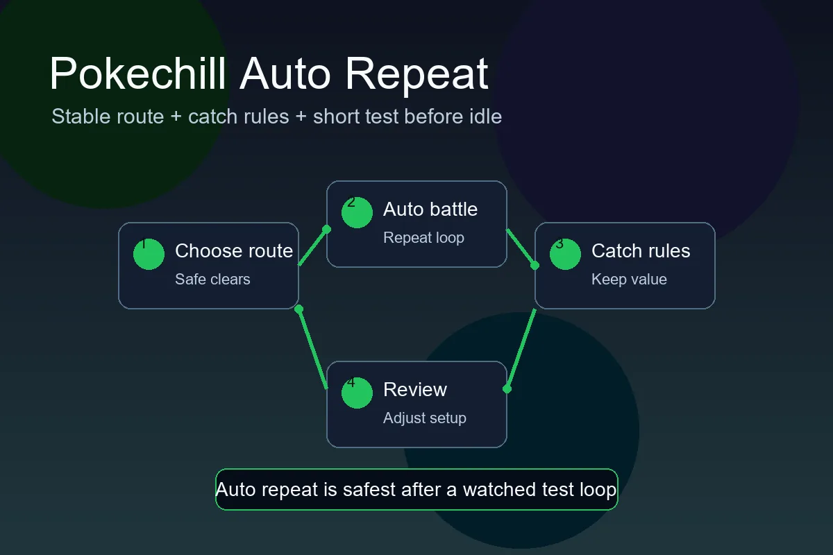 Pokechill auto repeat guide diagram showing automatic battles, route choice, catch settings, and overnight review