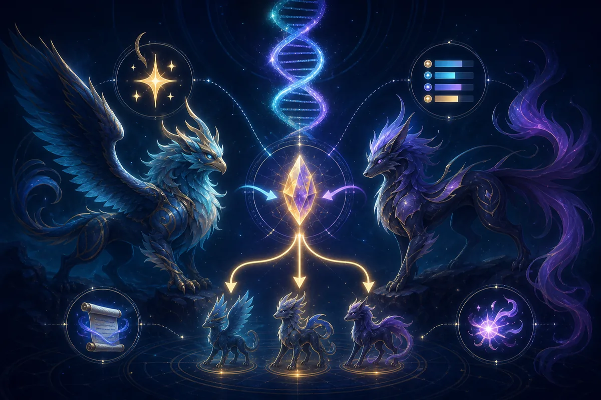 Editorial Genetics inheritance diagram with two fantasy creatures, a DNA helix, trait crystal, shiny symbol, and IV bars