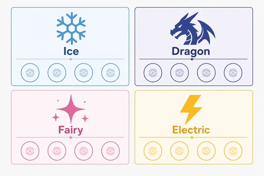 Pokechill type coverage visual showing Ice, Dragon, Fairy, and Electric matchup slots