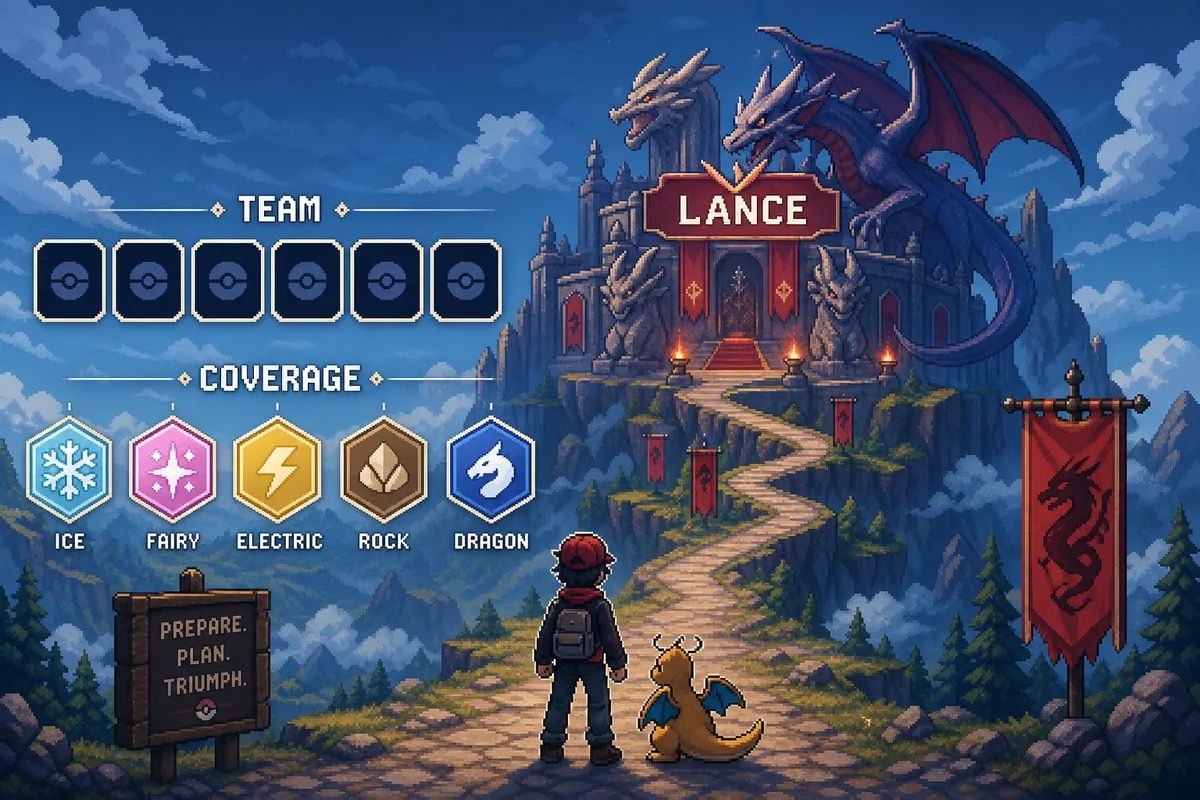Editorial Pokechill Lance guide illustration showing a dragon boss arena, team slots, and coverage planning