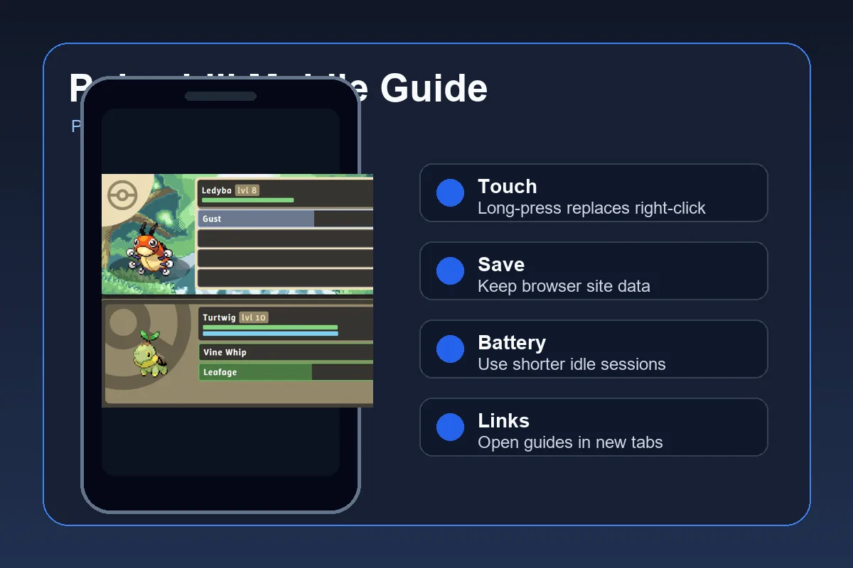 Pokechill mobile guide visual showing phone play, touch controls, save safety, battery, and guide links