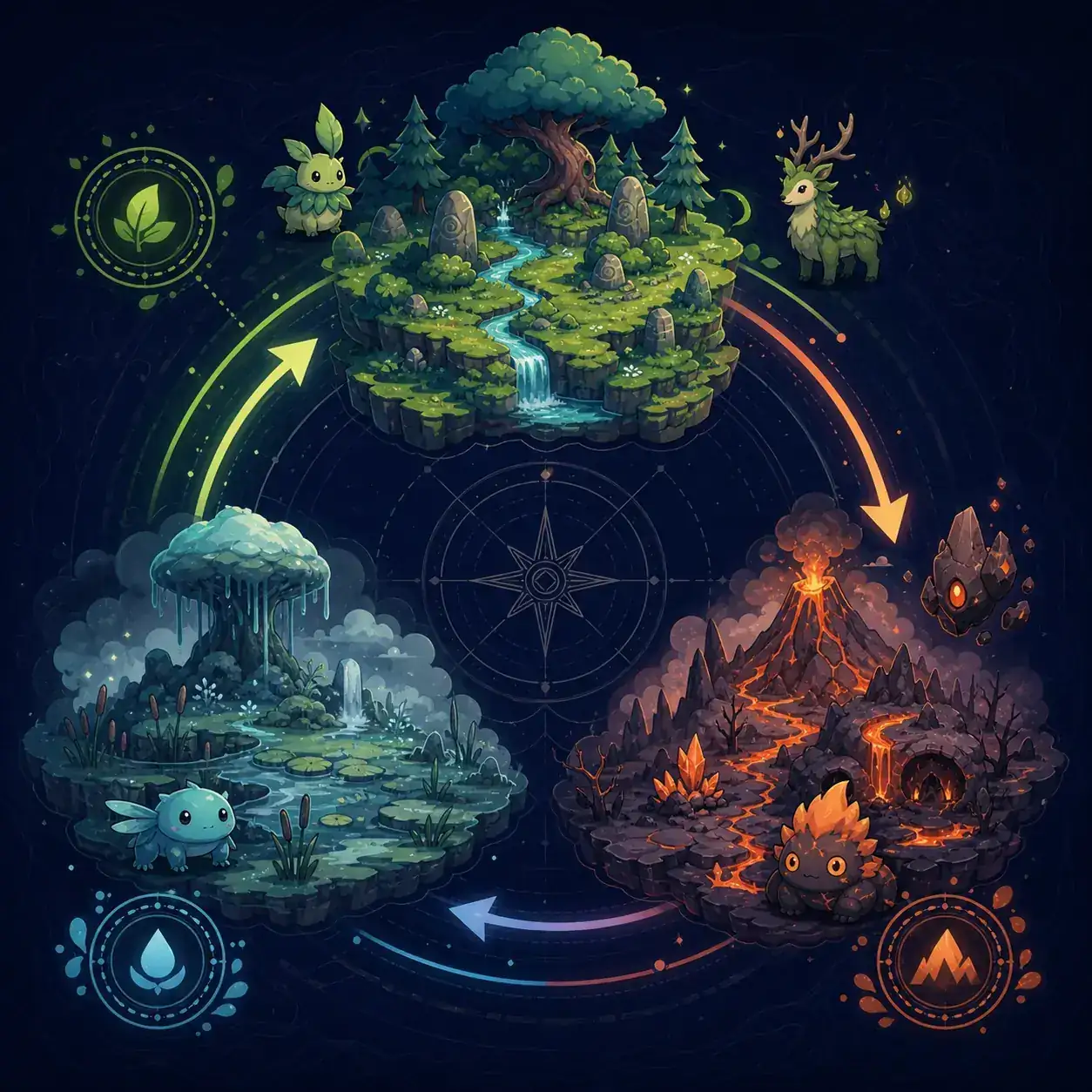 Illustrated Pokechill route rotation map connecting three elemental wild areas