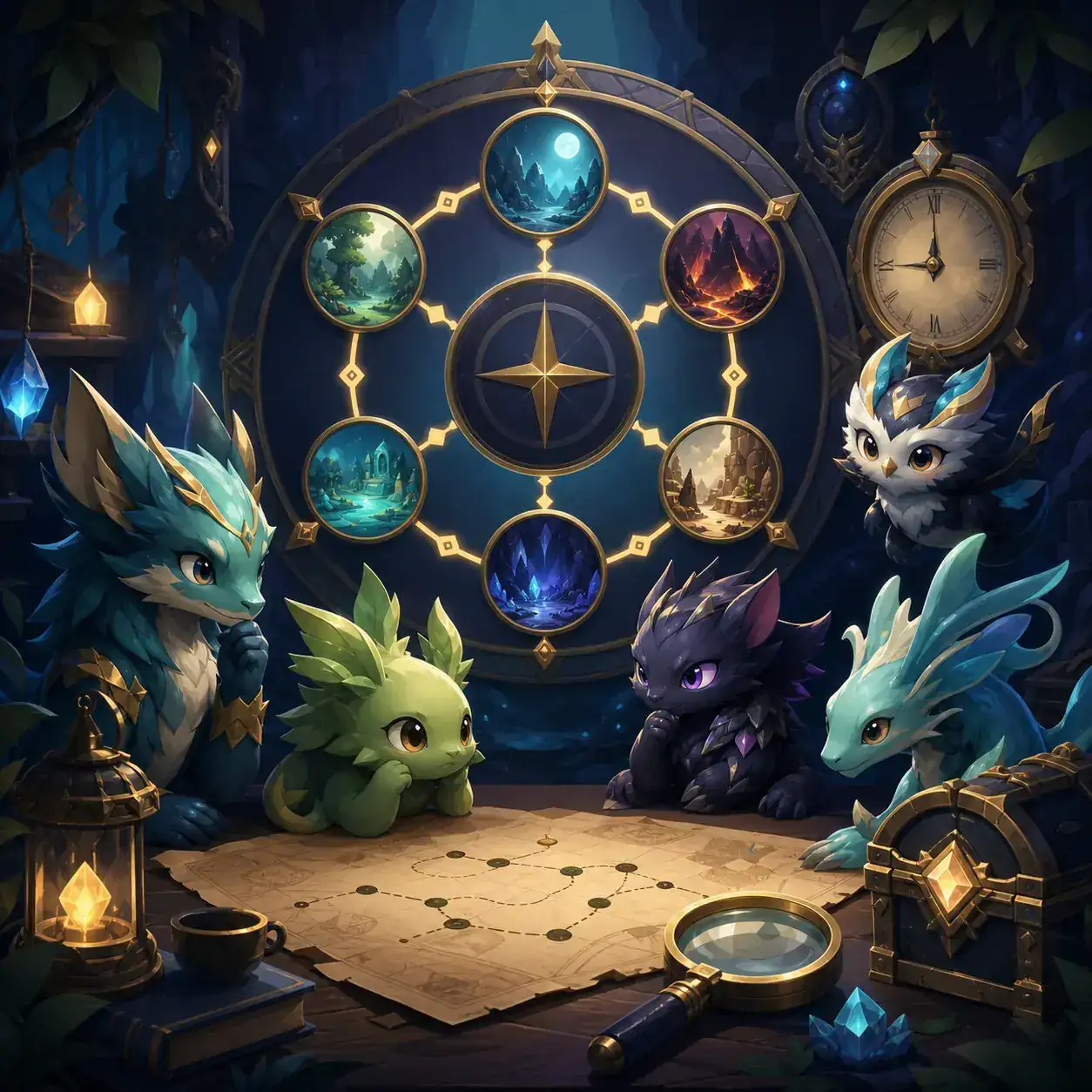 Illustrated Pokechill route wheel with a clock, map, team, and reward chest for pre-idle review