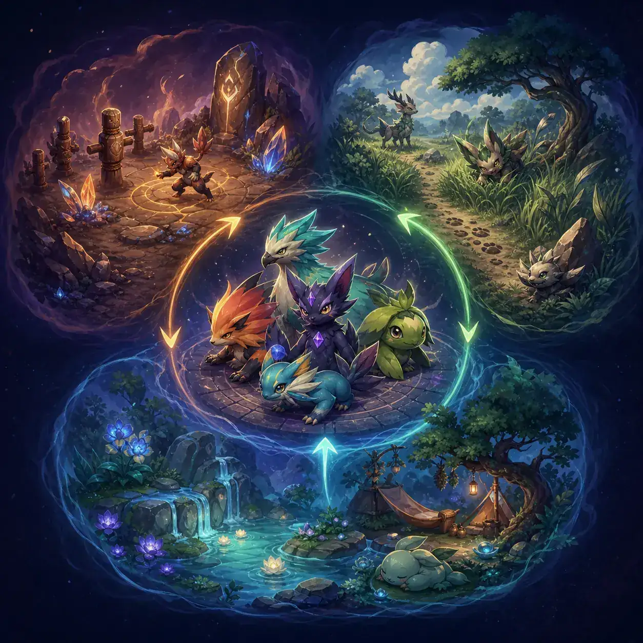 Illustrated Pokechill team planning scene with different route environments