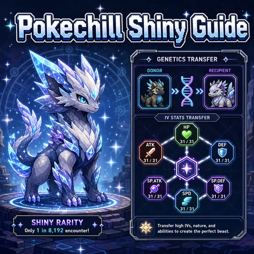 Pokechill shiny guide illustration showing a rare shiny creature beside a genetics and IV transfer panel