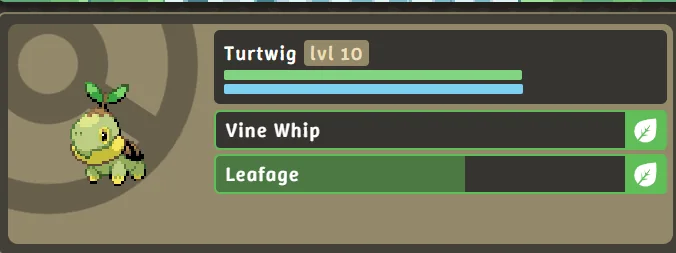 Real PokeChill battle screenshot showing Turtwig at level 10 with Vine Whip and Leafage