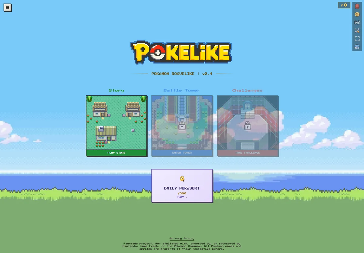 Official Pokelike v2.4 menu showing Story, Battle Tower and Challenges