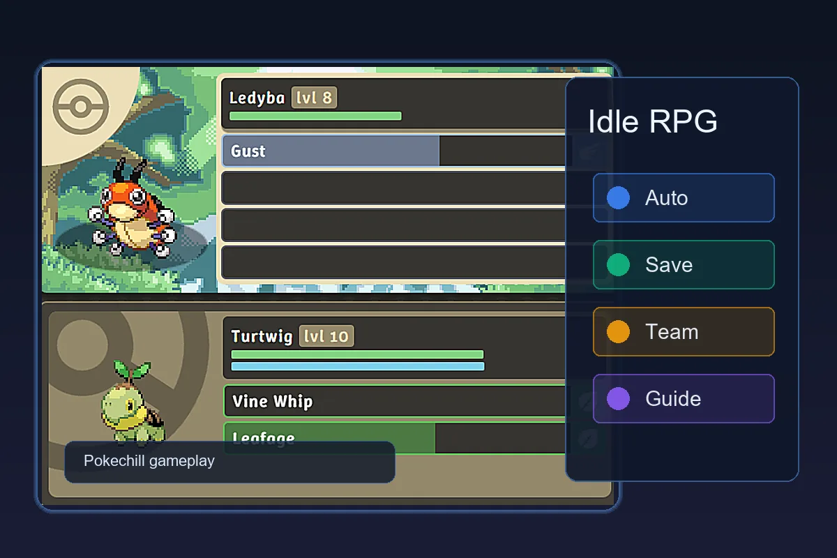 Pokechill idle RPG team planning visual with automation, save, team, and guide cues