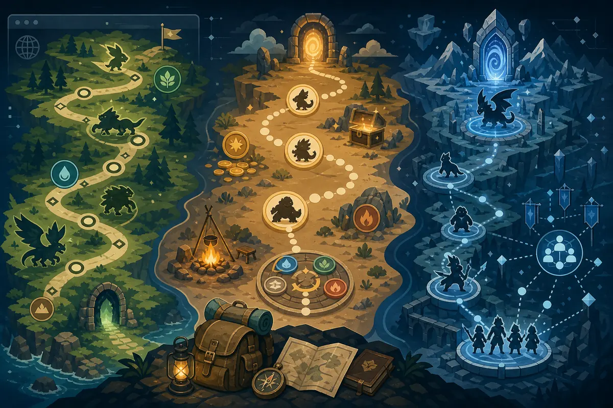 Editorial map comparing browser Pokemon RPG games, idle RPGs, and download-style RPG choices