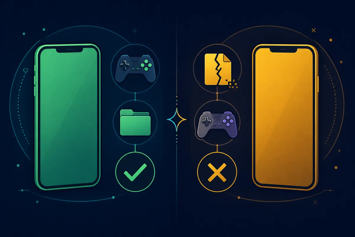 Editorial comparison of a compatible RPGXP Android setup with a project that has a broken file or mismatched controls