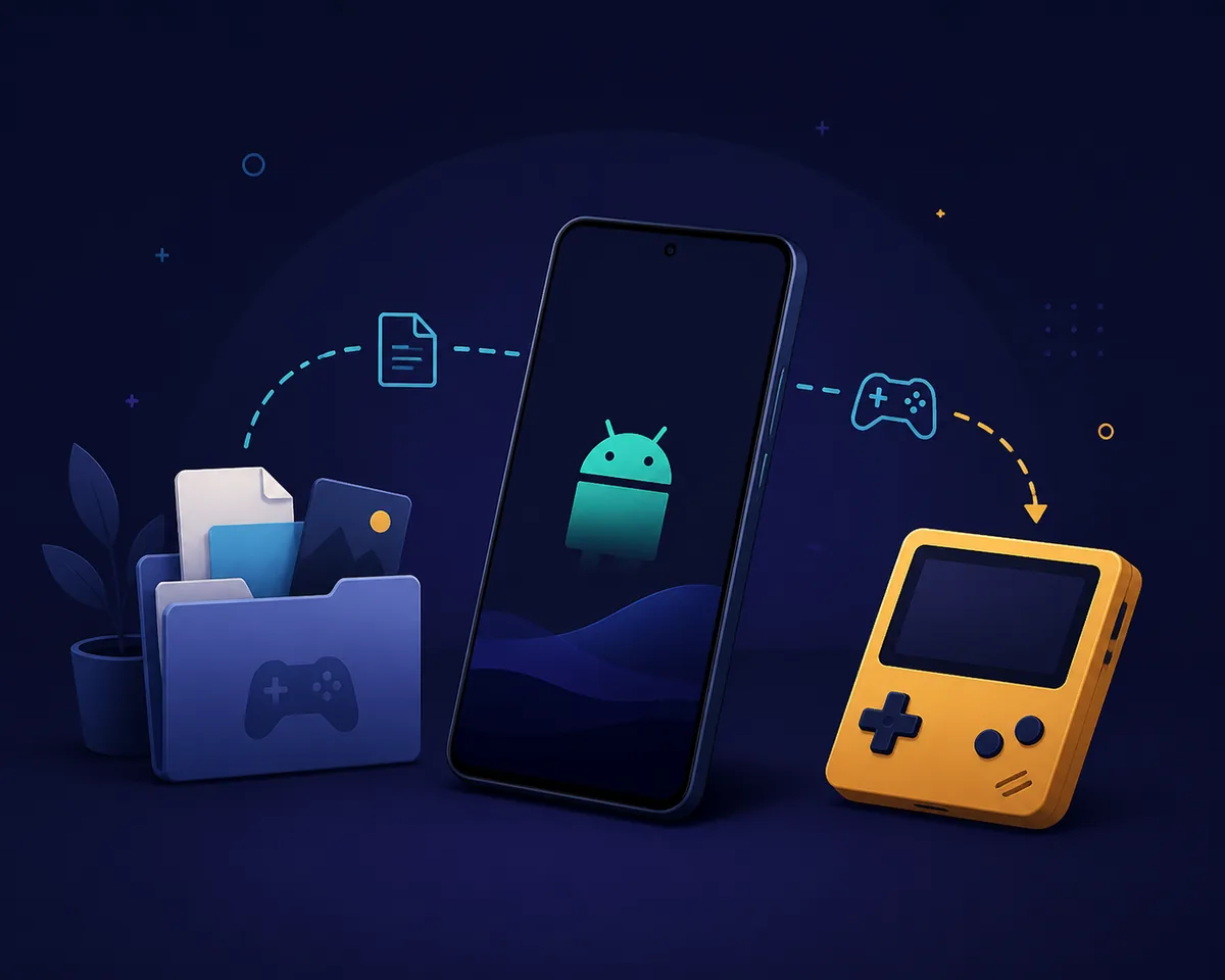 Editorial illustration of an Android phone connecting a game folder and handheld controls for RPGXP setup