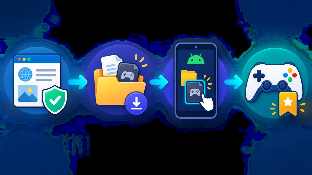 Editorial four-stage diagram showing source verification, game folder extraction, Android game selection, and controller testing