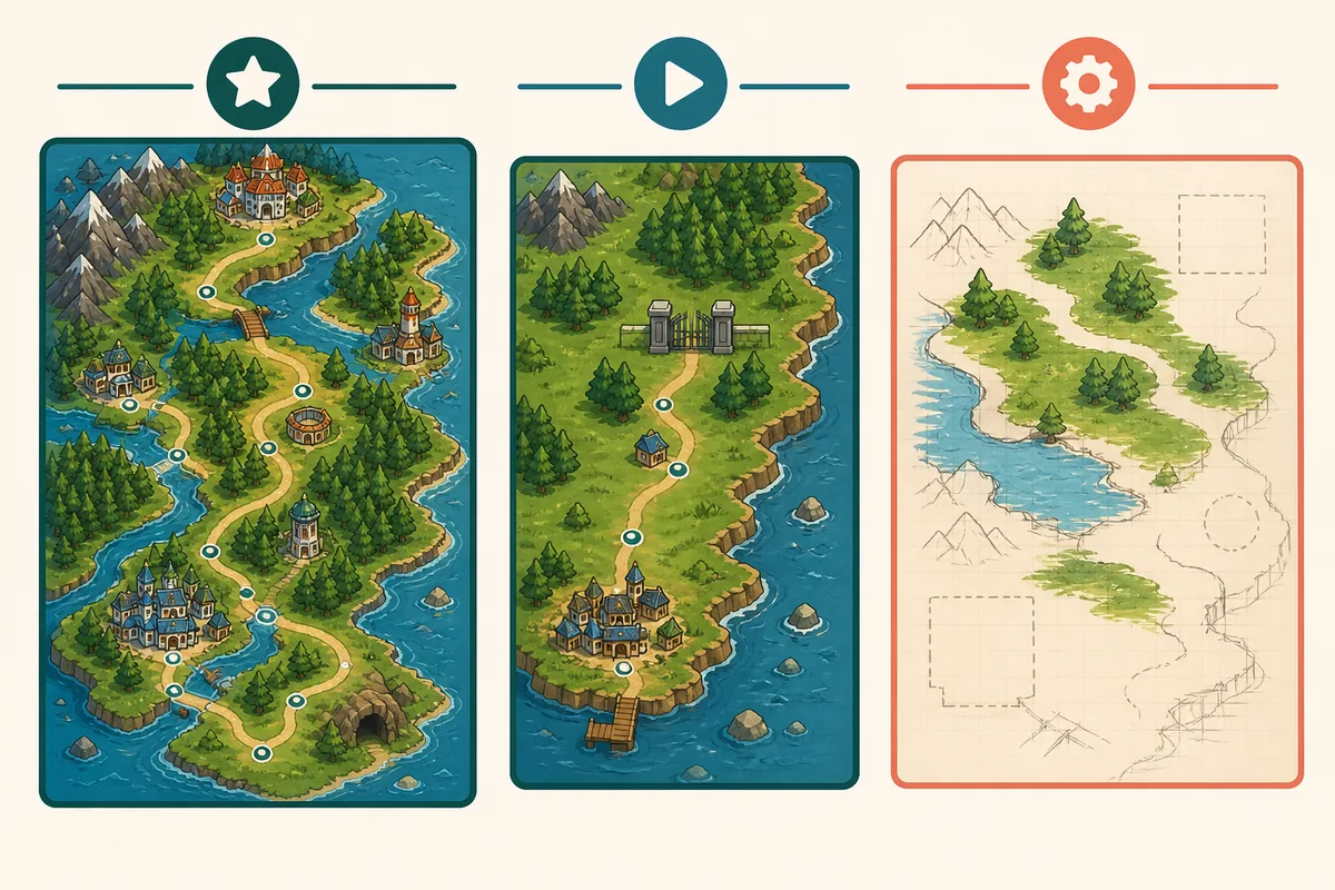 Editorial comparison illustration showing a completed custom region, a playable demo map, and an unfinished work-in-progress map