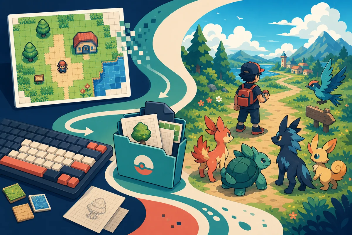 Editorial illustration showing a Pokemon RPGXP project moving from map design to a completed fan-game adventure
