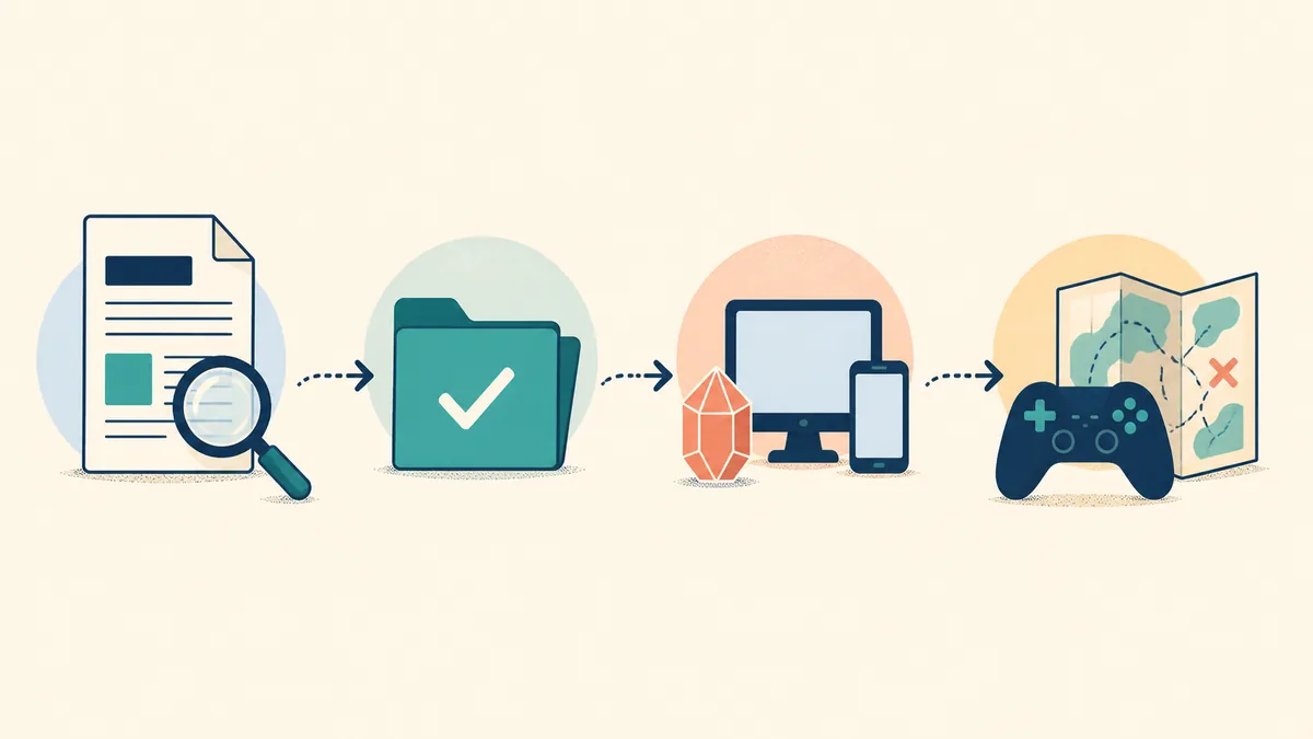 Editorial step-flow illustration for checking a game source, completion status, save support, and device before playing