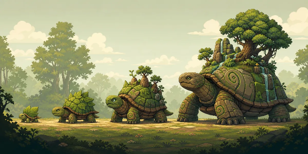 Editorial illustration of a small forest turtle growing into a large earth guardian